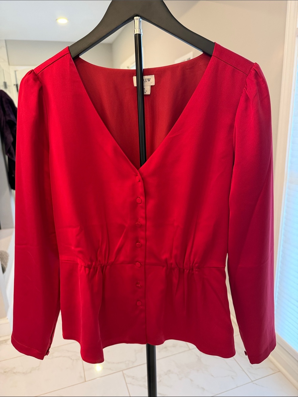 J. Crew Bright Red V-Neck Button-Front Blouse